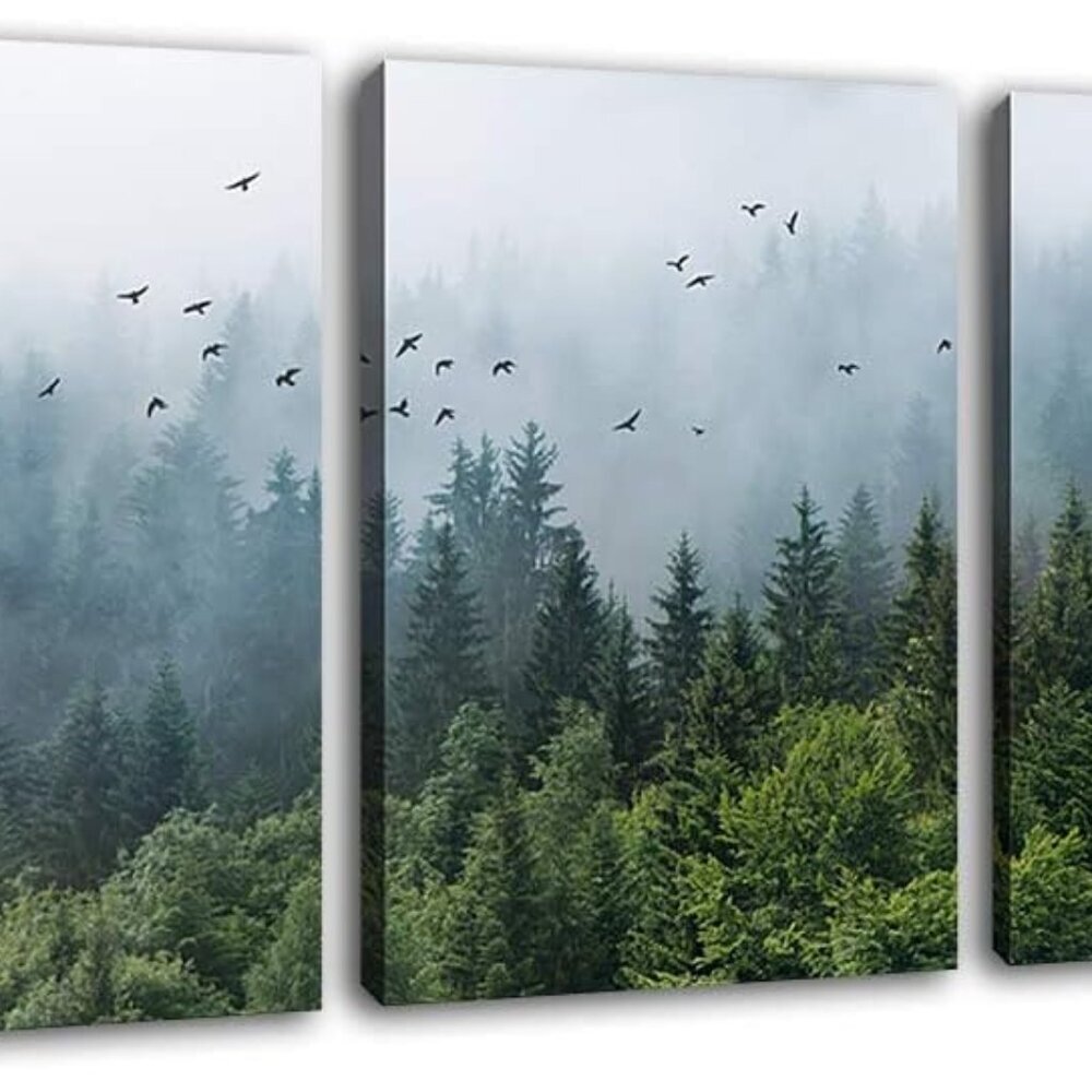 Green Forest Wall Art Tropical Foggy Forest Mountain Bird Contemporary Canvas Pi